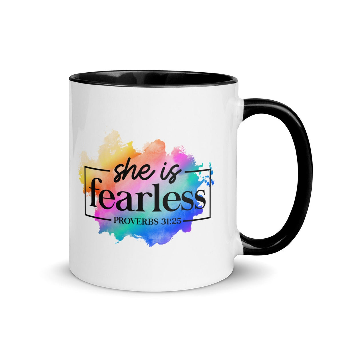 Brewtiful Sips ceramic mug with She Is Fearless Proverbs 31:25 text and colorful watercolor splash design