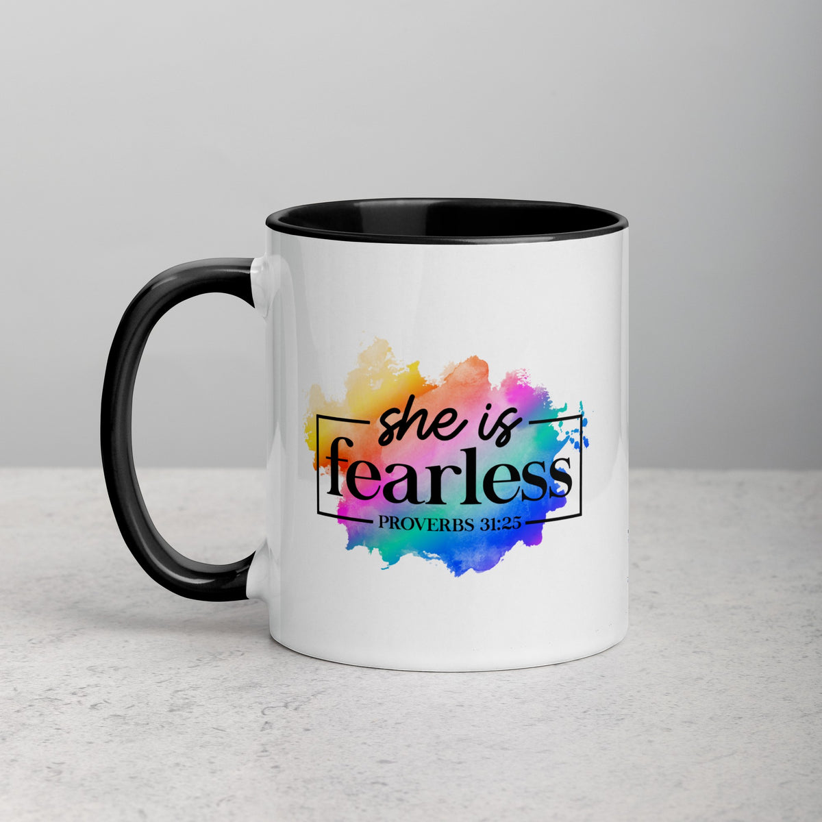 Brewtiful Sips ceramic mug with She Is Fearless Proverbs 31:25 text on a colorful watercolor splash background
