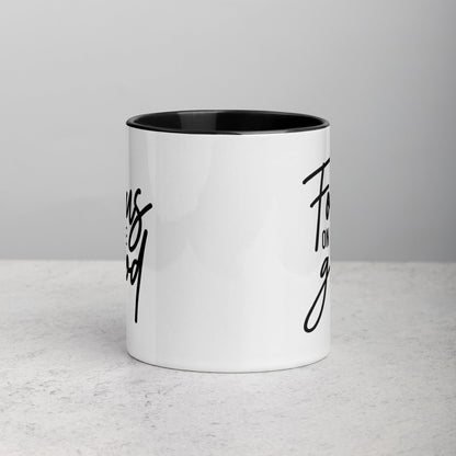 Brewtiful Sips white ceramic mug with black interior and Focus On The Good text in a modern script font.
