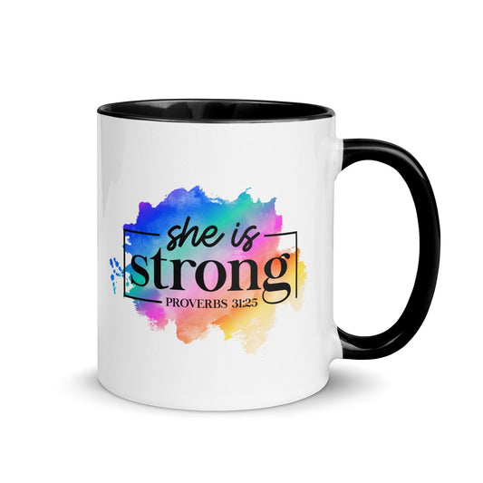 Brewtiful Sips ceramic mug with She Is Strong Proverbs 31:25 quote and colorful watercolor design on white background
