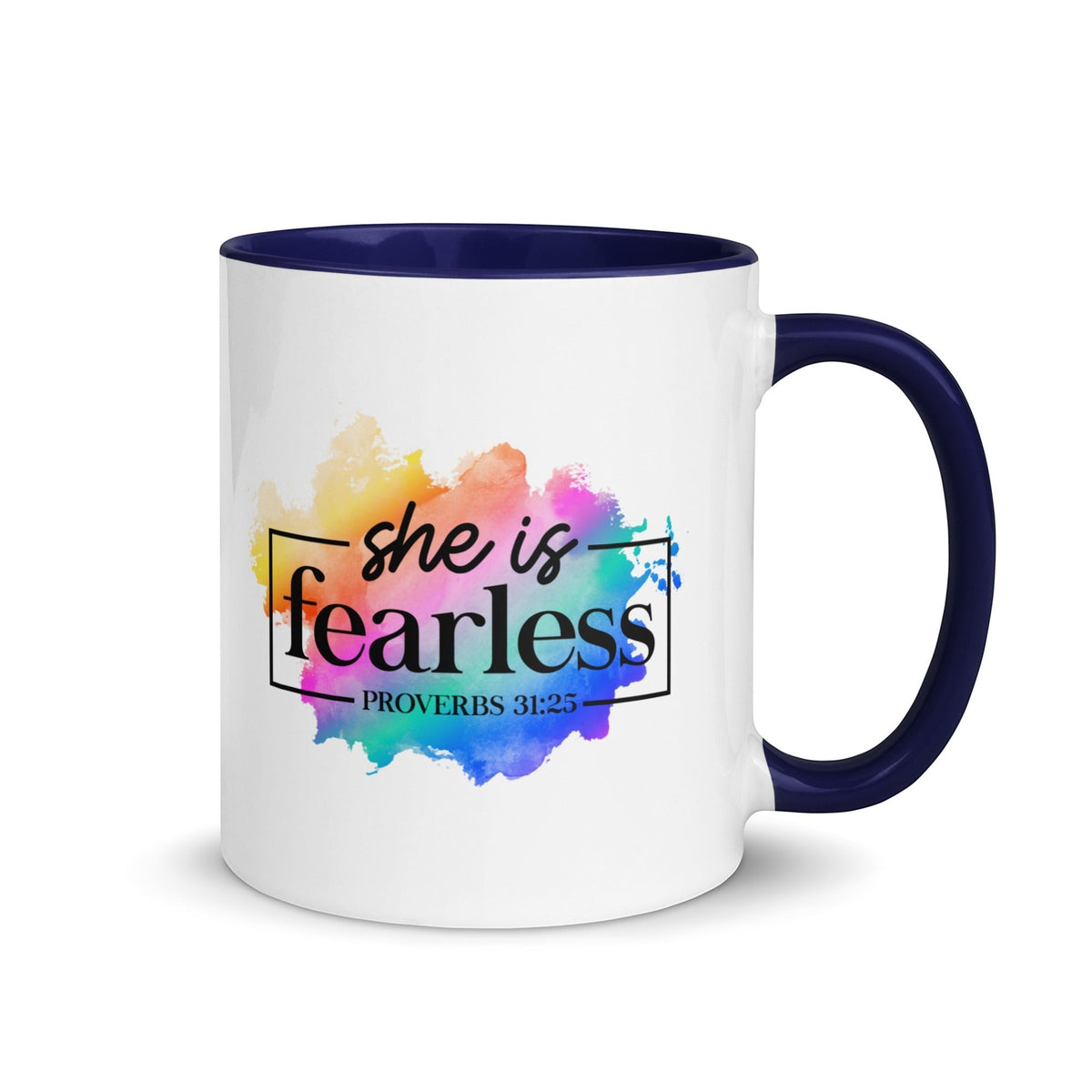 Brewtiful Sips She Is Fearless ceramic mug with a navy blue handle and interior and a colorful watercolor design.