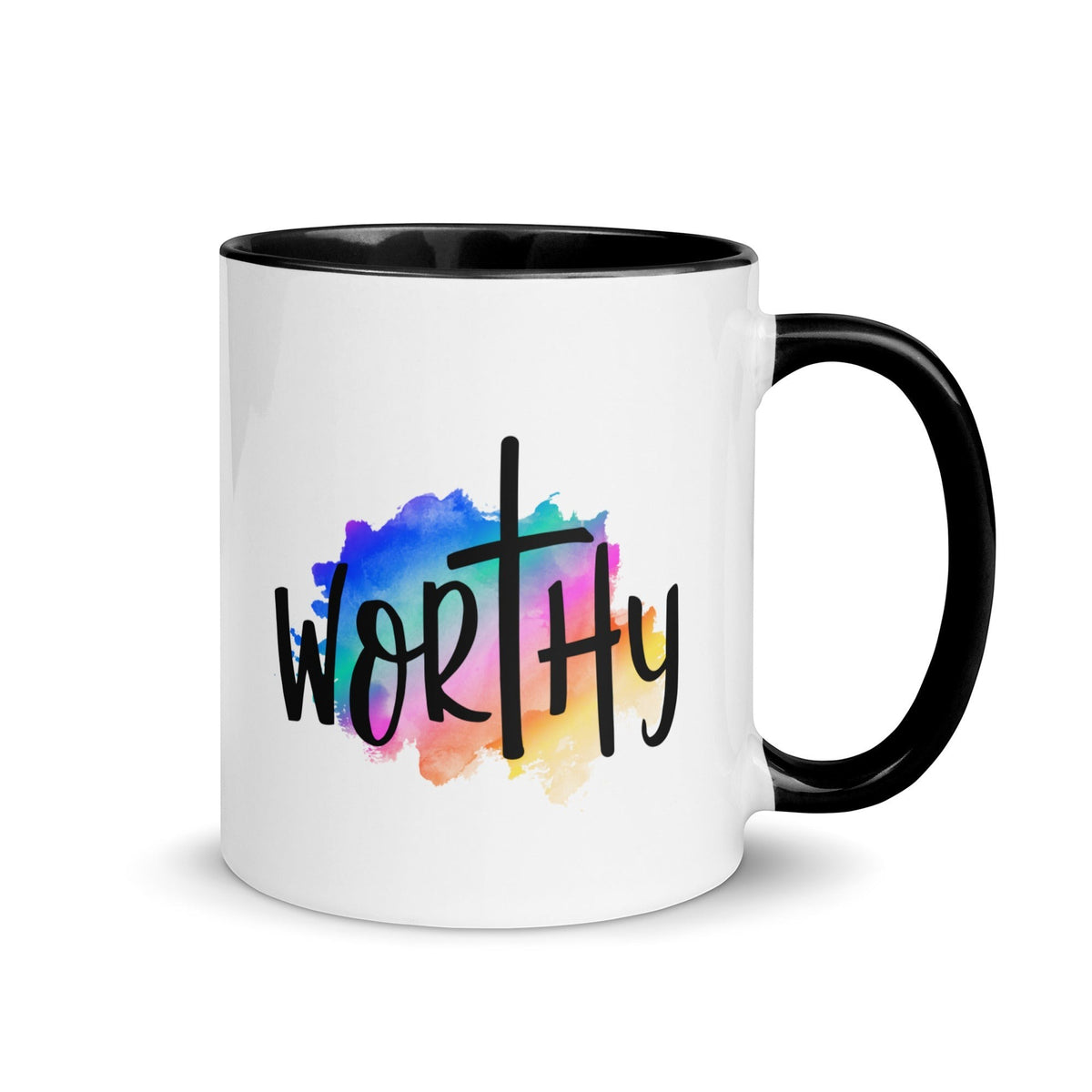 Brewtiful Sips Worthy ceramic mug with a black handle and rim featuring a colorful watercolor cross design.